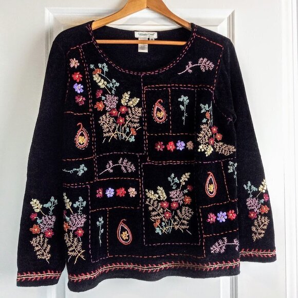 Vintage Coldwater Creek Black Chenille Multicolor Floral Embellished Sweater - Picture 1 of 5